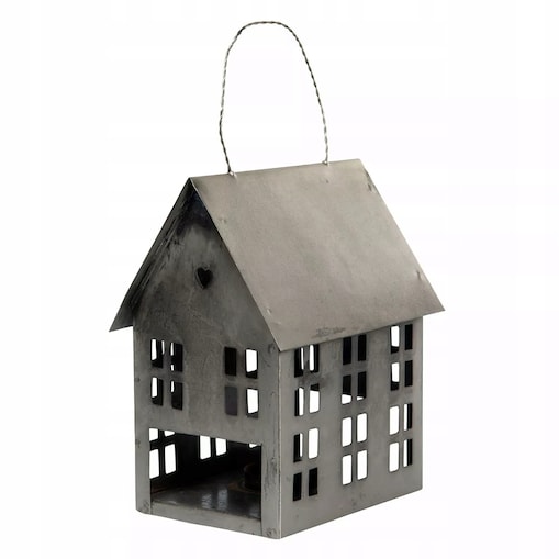 LAMPION DOMEK NA ŚWIĘTA wiszący / stojący metalowy SREBRNY 17x14cm