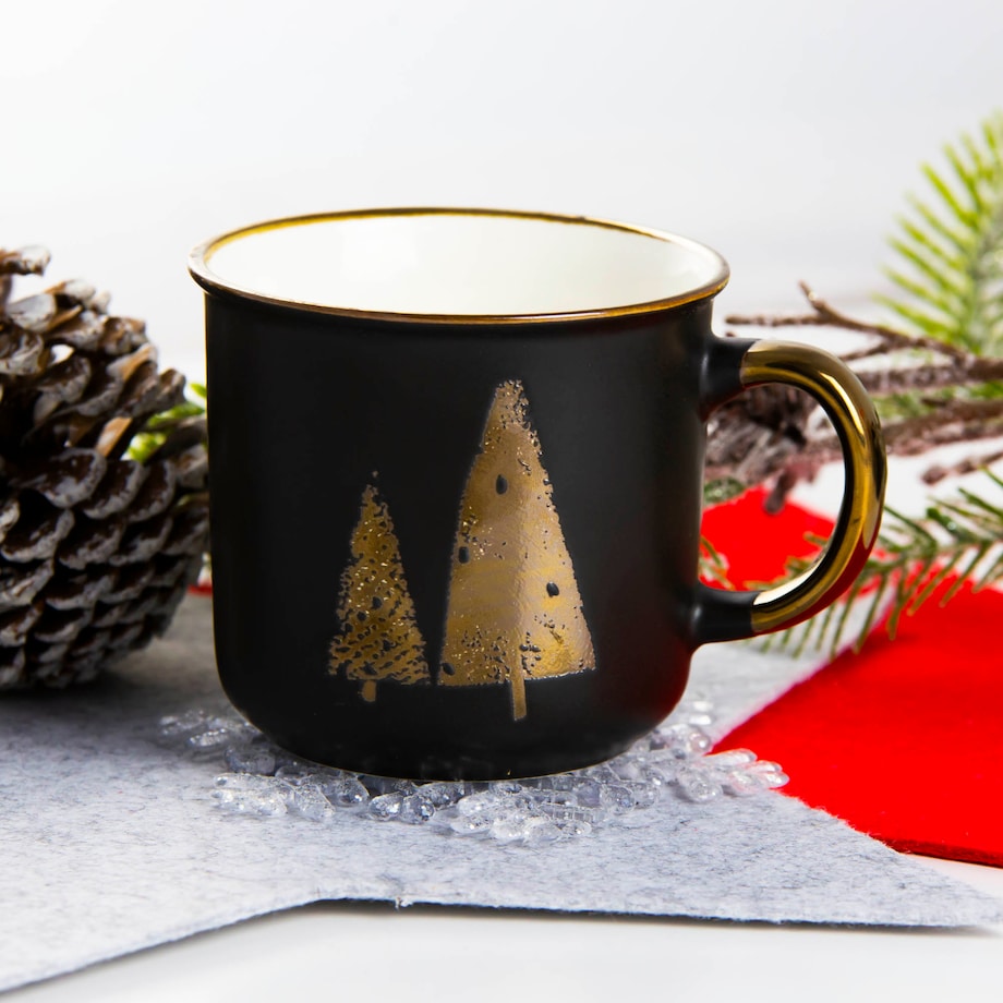 Kubek Porcelanowy Świąteczny Boże Narodzenie 400 Ml Czarno-Złoty Choinka