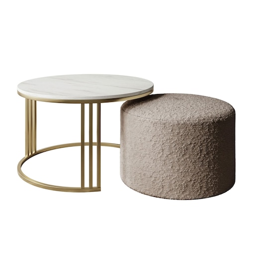Stolik kawowy z pufą LORI MAT złoto szczotkowane, Marmur Levanto / Coral 50
