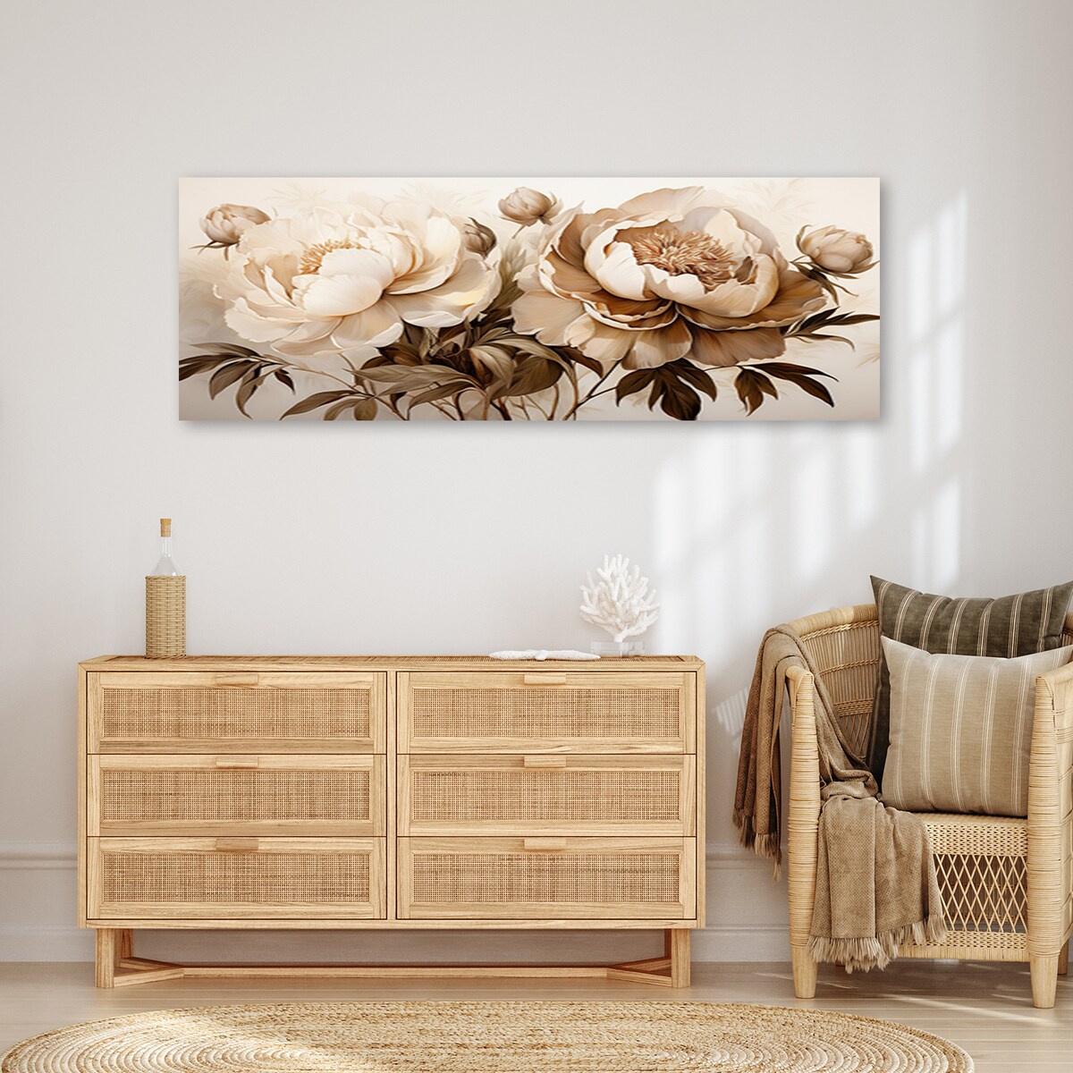 Obraz panorama do salonu sypialni Piwonie Peonie Kwiaty w Beżu 120x40