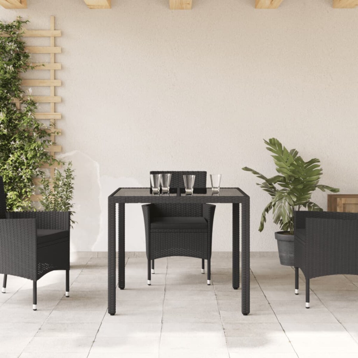 vidaXL Stół ogrodowy, szklany blat, czarny, 90x90x75 cm, rattan PE