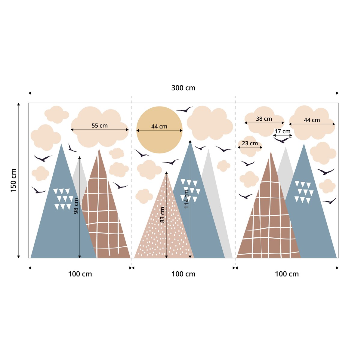 NAKLEJKI NA ŚCIANĘ DLA DZIECI NIEBIESKIE GÓRY STYL SKANDYNAWSKI ZESTAW