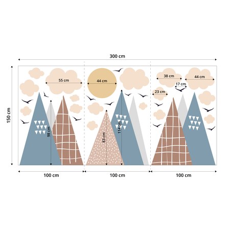 NAKLEJKI NA ŚCIANĘ DLA DZIECI NIEBIESKIE GÓRY STYL SKANDYNAWSKI ZESTAW