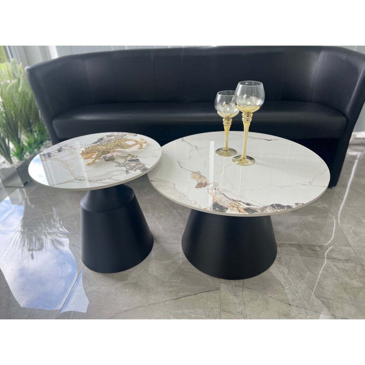 Zestaw czarnych stolików kawowych Premium Italiano z blatem marmurkowym