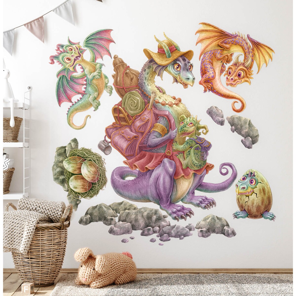 Zestaw naklejek na ścianę, Rodzina smoków, 130cm