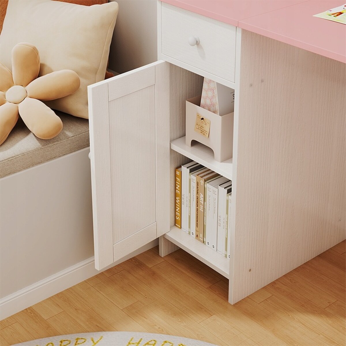 Biurko białe 110 cm z różowym blatem szufladą i szafką