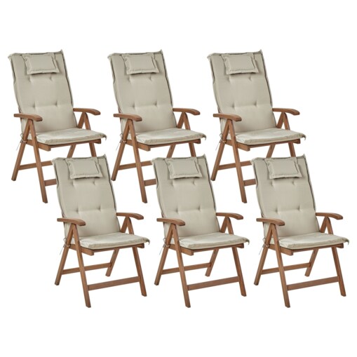 Zestaw 6 krzeseł ogrodowych drewno akacjowe z poduszkami beżowoszarymi AMANTEA
