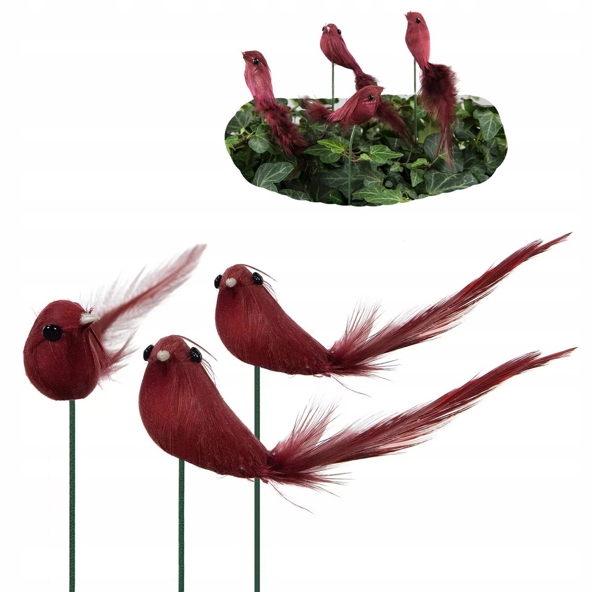 DEKORACJA OZDOBA DO DONICZKI PTAK czerwona do stroików z patykiem 3 szt.