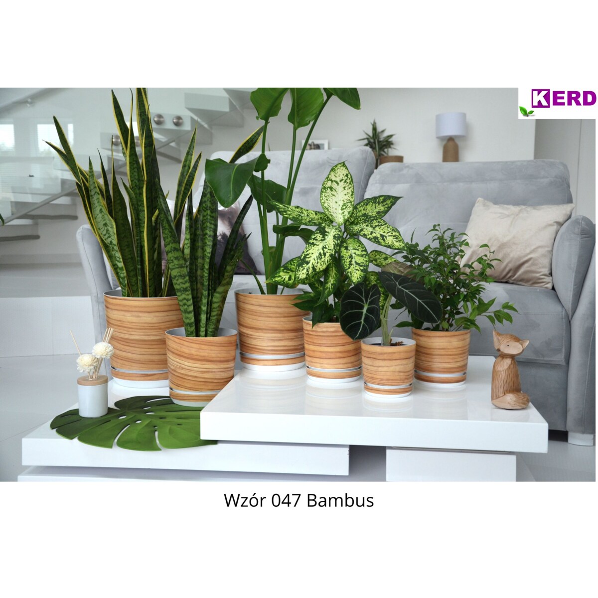21 cm wzór BAMBUS * Doniczka z podstawką drewnopodobna imitacj deski drewna styl naturalny skandynawski
