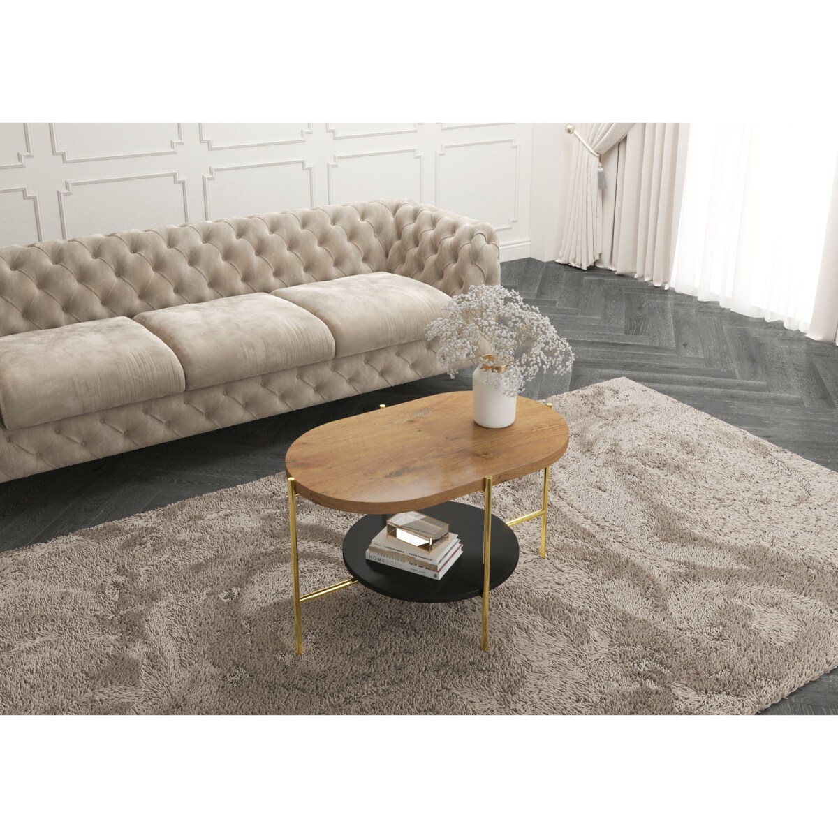 Nowoczesny stolik kawowy Dancan ARENA / złota podstawa + dębowy i czarny blat