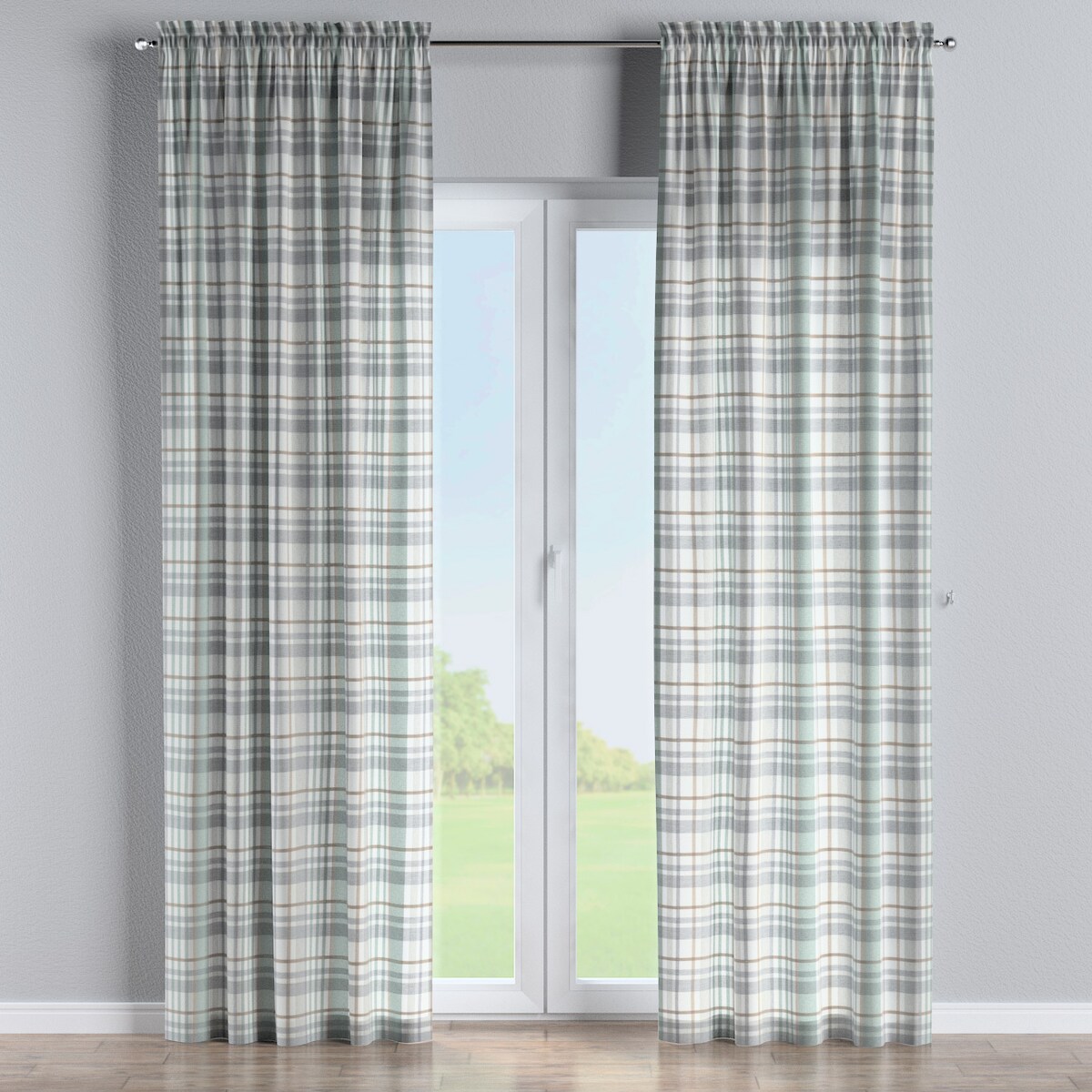 Zasłona na kanale z grzywką 1 szt. 130x260 kratka zielono-szary melanż