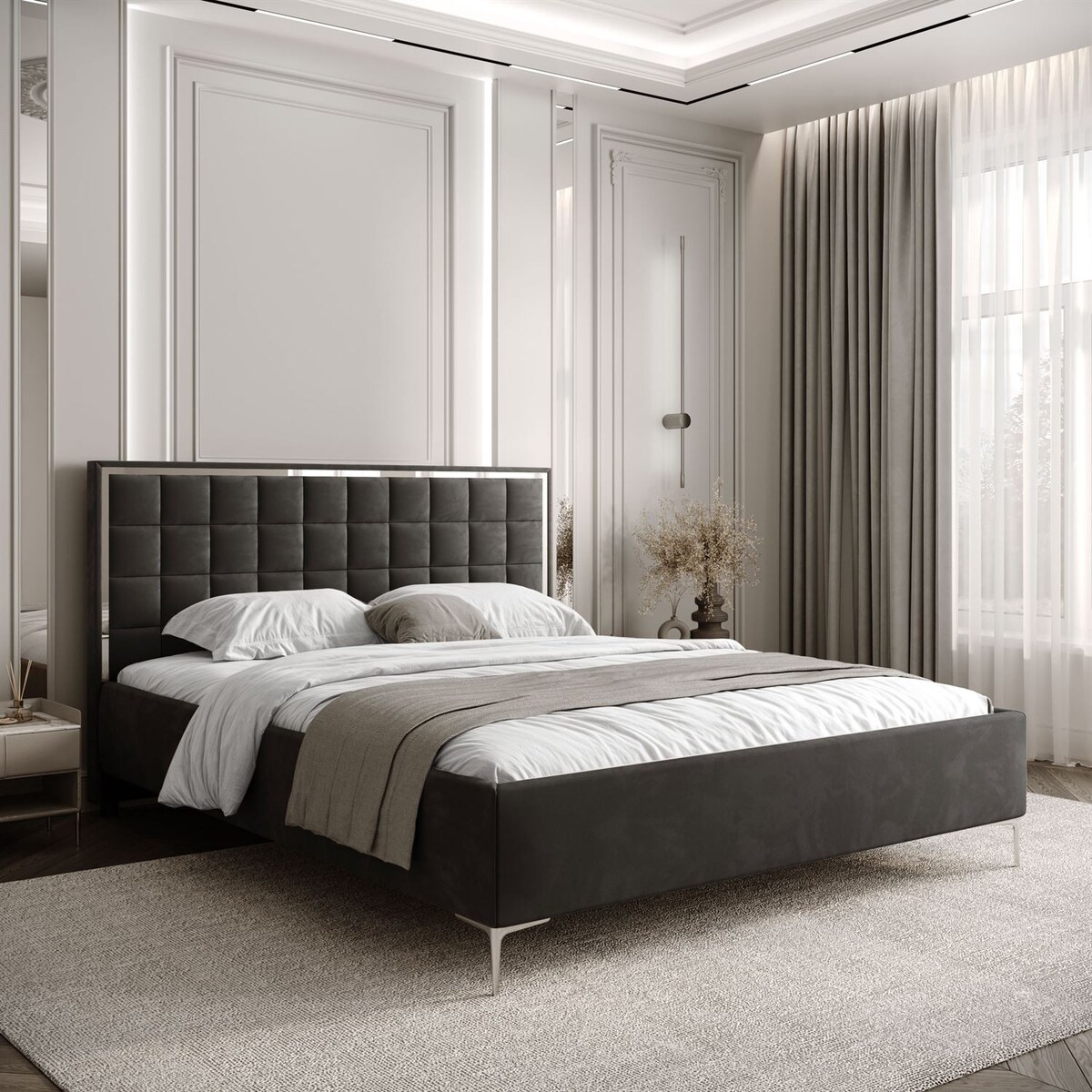 Łóżko tapicerowane ISADORA SILVER, pojemnik na pościel, stelaż 34, 180x200, RV 185