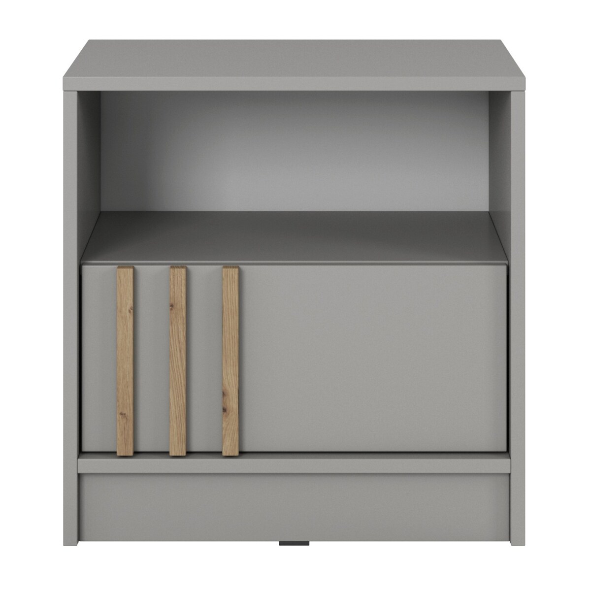 Szafka nocna KELLY z szufladą i półką oraz uchwytem z lameli, Szara