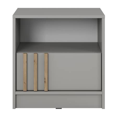 Szafka nocna KELLY z szufladą i półką oraz uchwytem z lameli, Szara