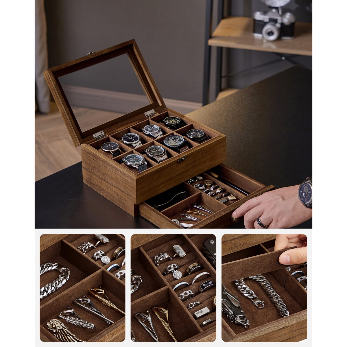 Kasetka Szkatułka Na Zegarki Biżuterie Prostokątna Brązowa