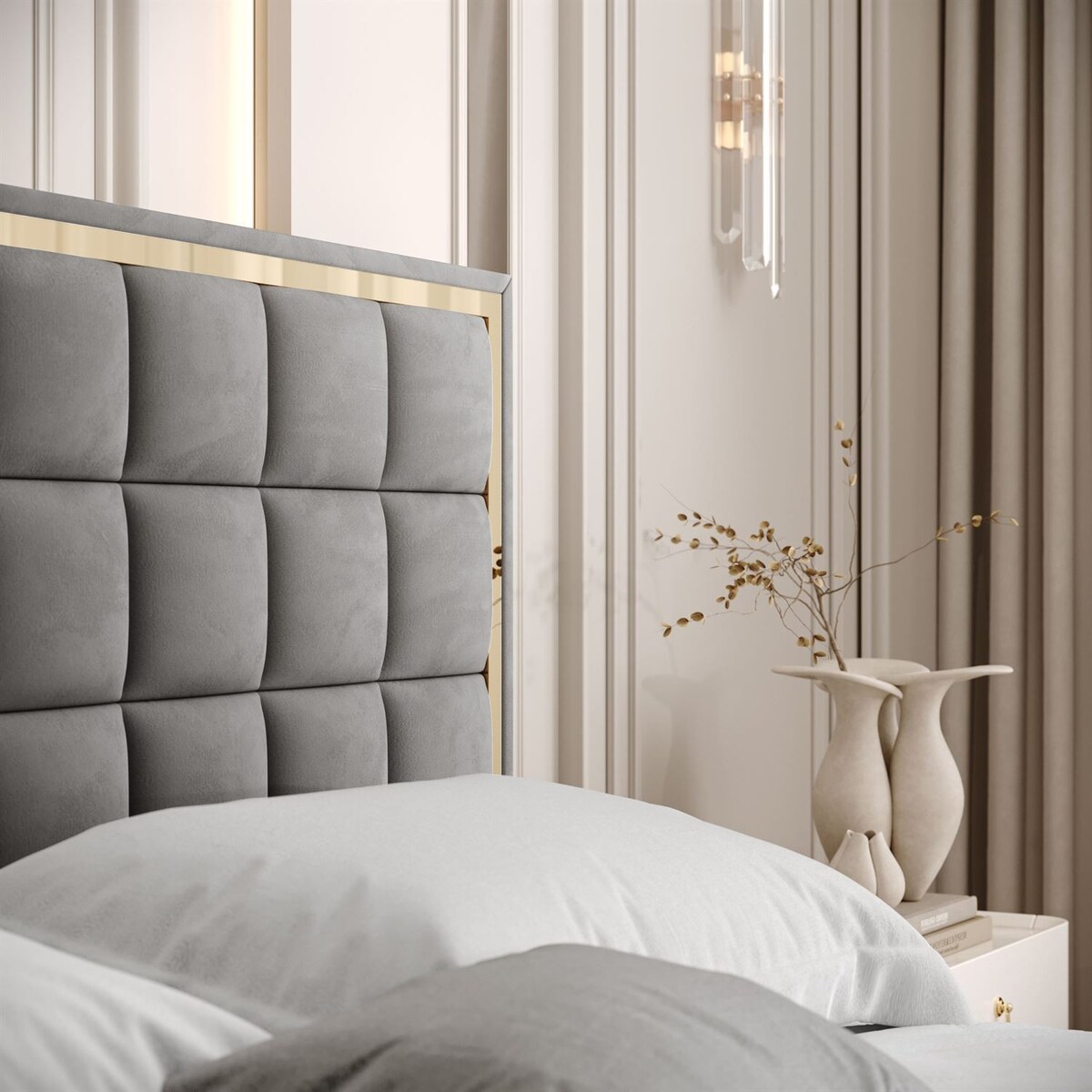 Łóżko tapicerowane ISADORA GOLD, pojemnik na pościel, stelaż 34, 160x200, RV 250