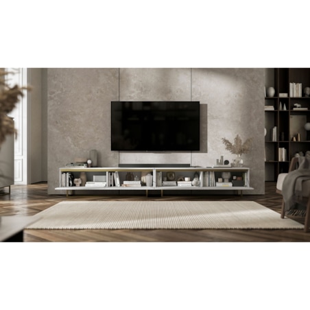 Nowoczesna Szafka RTV Glamour Komoda RTV Biały Mat 280 cm złote akcenty