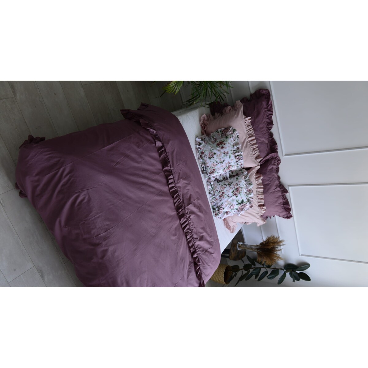 Pościel Bawełniana Z Falbanką Zestaw Komplet Do Sypialni Kołdra + 6 Poduszek 160X200 Brudny Róż Kwiaty