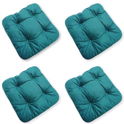 Zestaw 4 poduszek na krzesła ogrodowe, dwustronne, pikowane z troczkami, 40x40 cm, Turkus