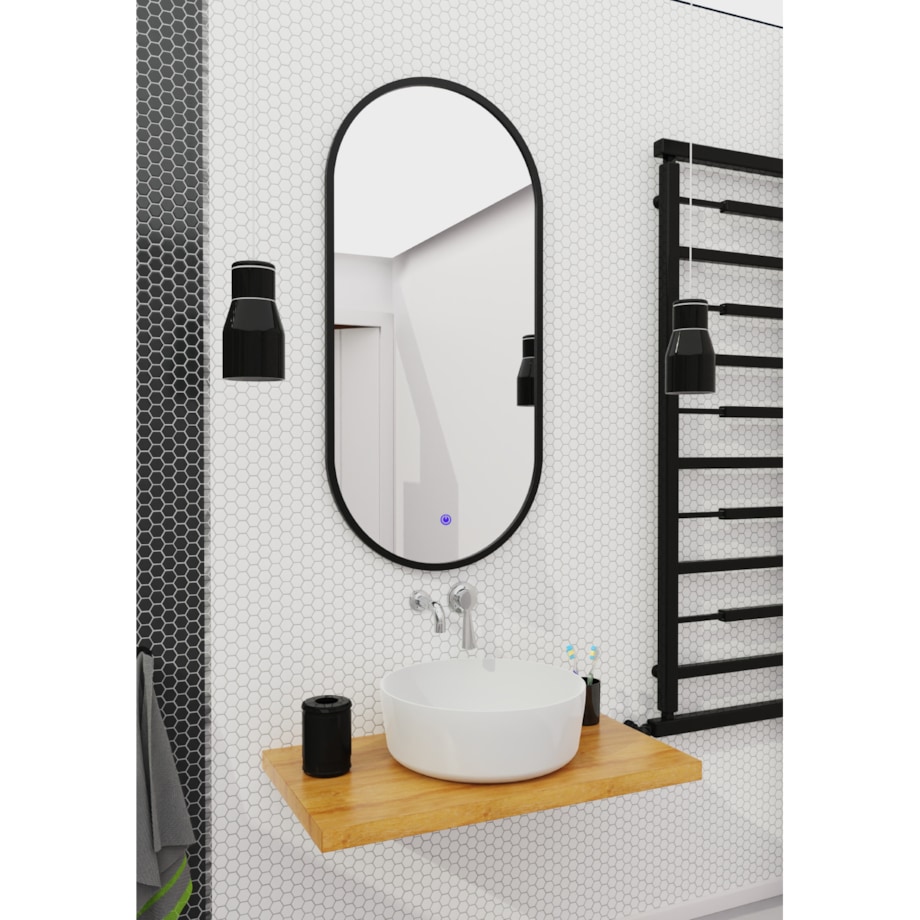Lustro owalne LED z poświatą i włącznikiem - czarne - 55/90 cm