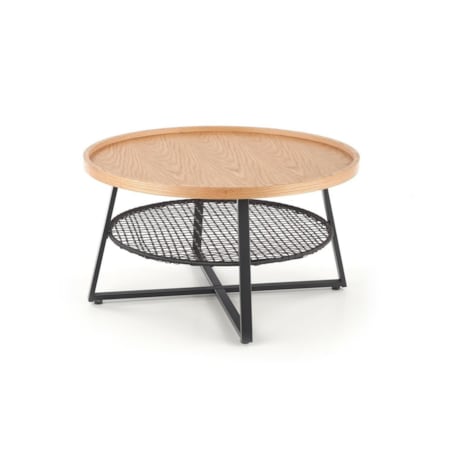 STOLIK KAWOWY Florence dąb OKRĄGŁY 80/45 cm półka z rattanu