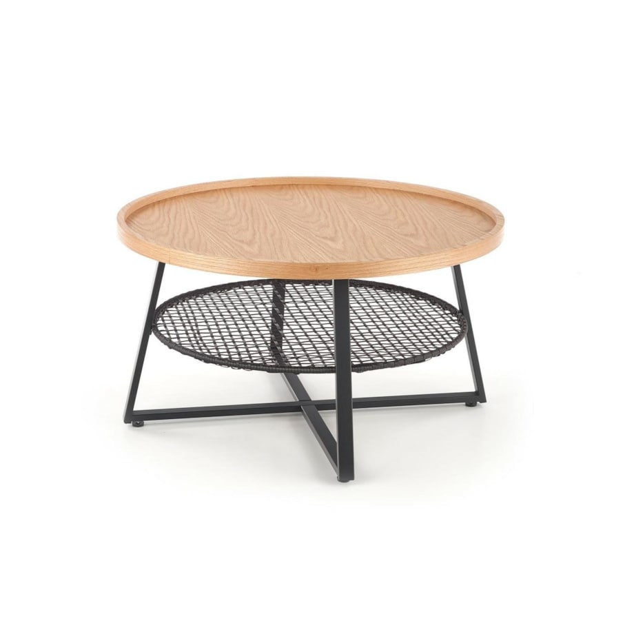 STOLIK KAWOWY Florence dąb OKRĄGŁY 80/45 cm półka z rattanu