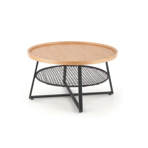 STOLIK KAWOWY Florence dąb OKRĄGŁY 80/45 cm półka z rattanu