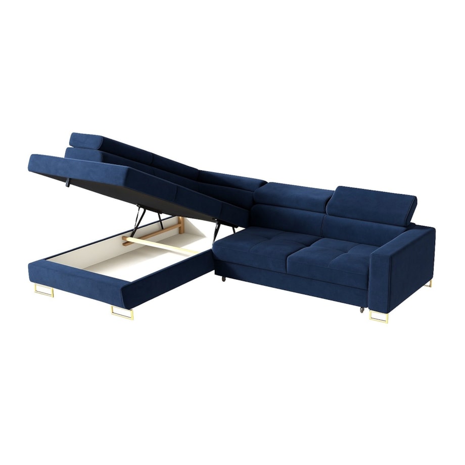 Narożnik rozkładany MERY z regulowanymi zagłówkami na złotych nóżkach lewy