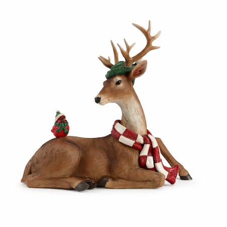 Figurka - leżący renifer 29,7x32,5x17,5 cm SCIARPA w szaliku biało-czerwonym