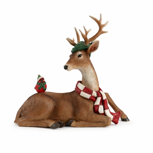 Figurka - leżący renifer 29,7x32,5x17,5 cm SCIARPA w szaliku biało-czerwonym