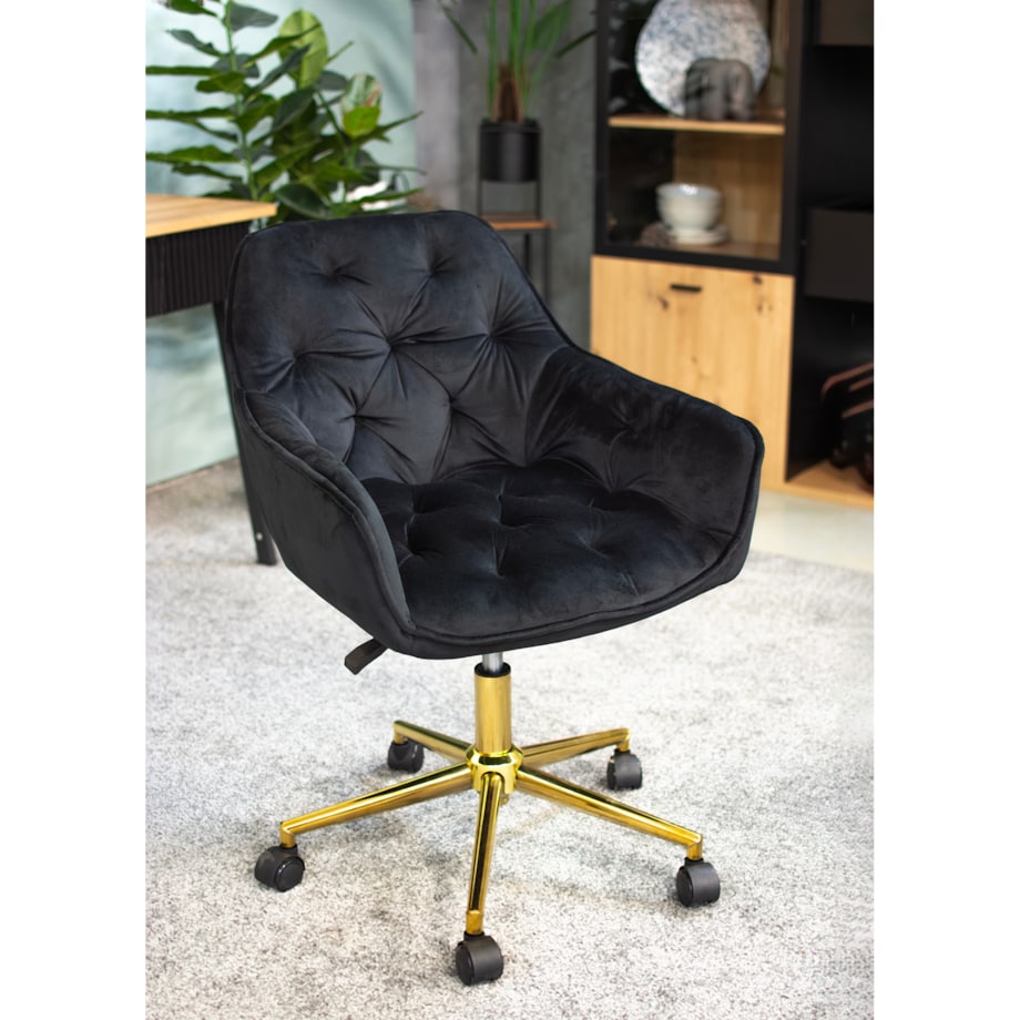 Fotel obrotowy welurowy LARGO czarny na złotej stopie