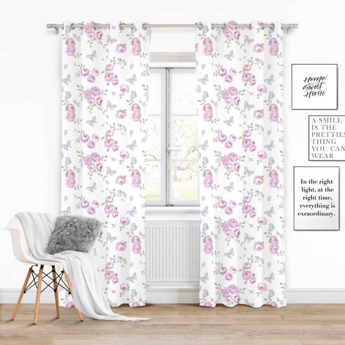 Biała Zasłona do Salonu w Kwiaty 140 x 250 na Przelotkach Półzaciemniająca