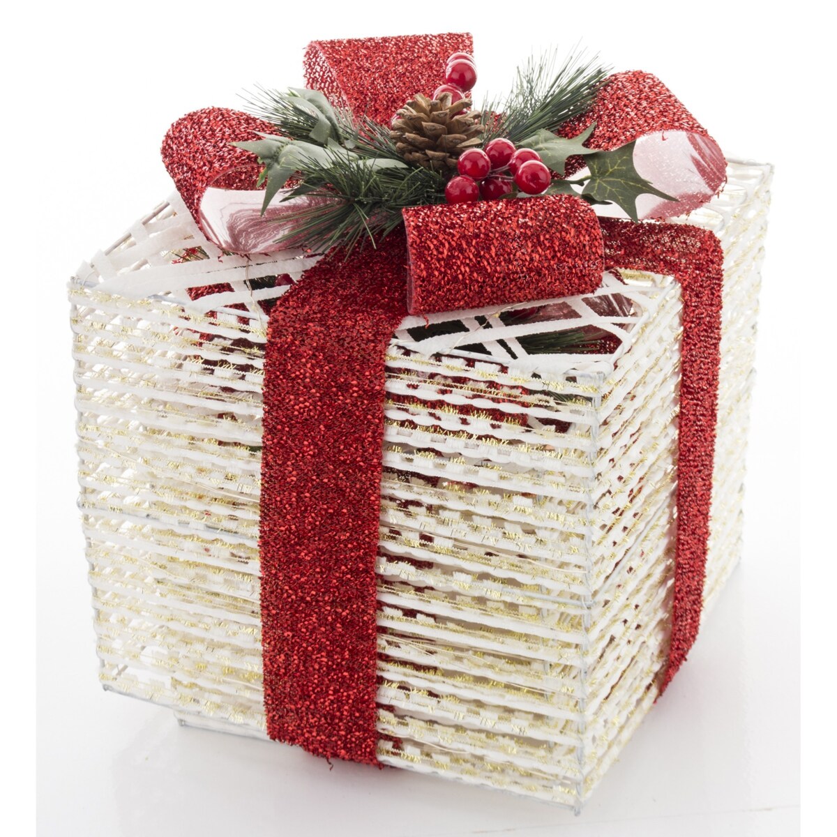 Dekoracja pudełka 3 szt. świecące LED 29x25x25 i 25x20x20 i 20x15x15 cm GEMARA biała z czerwoną kokardą