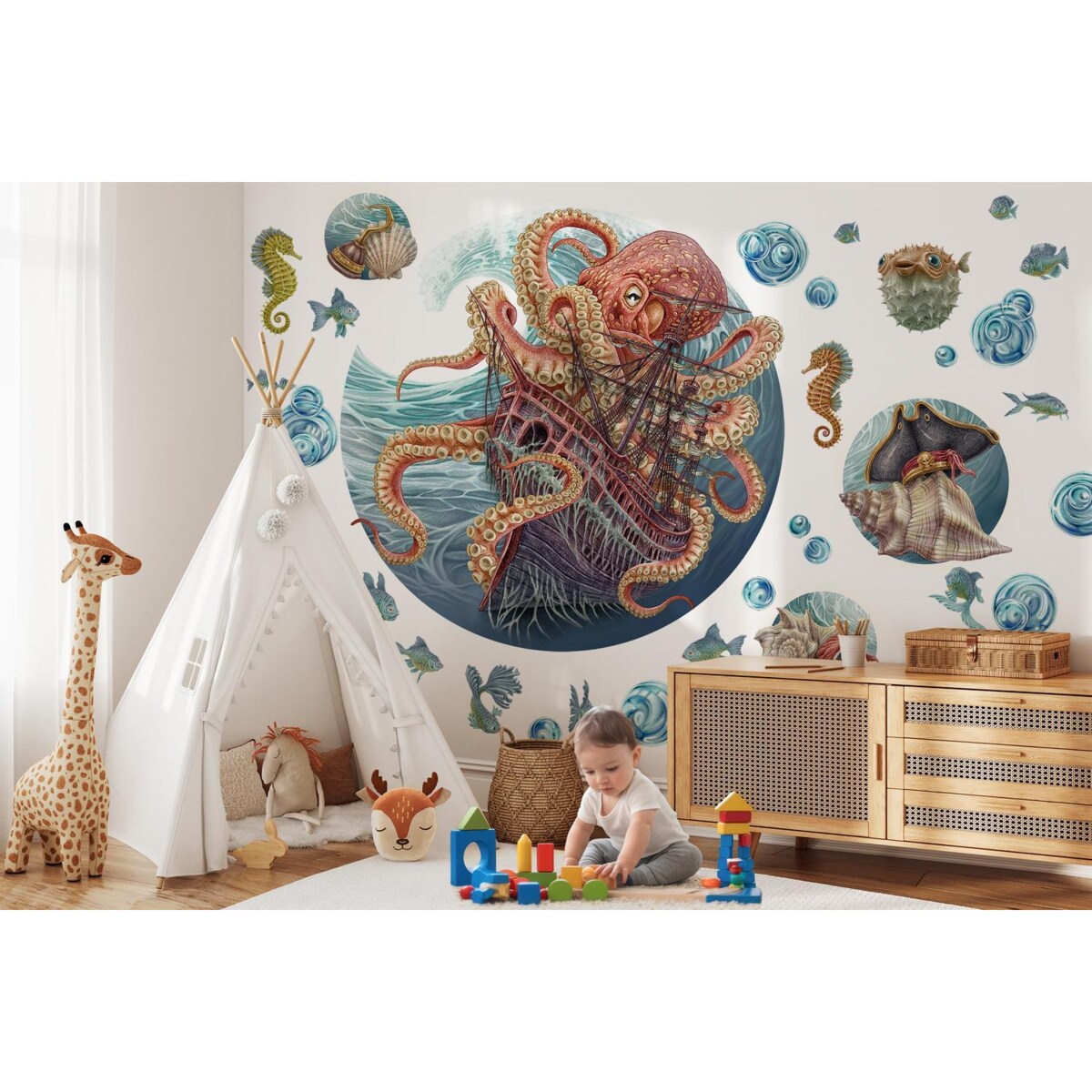 Zestaw naklejek na ścianę, Podwodny świat osmiornicy, 130cm