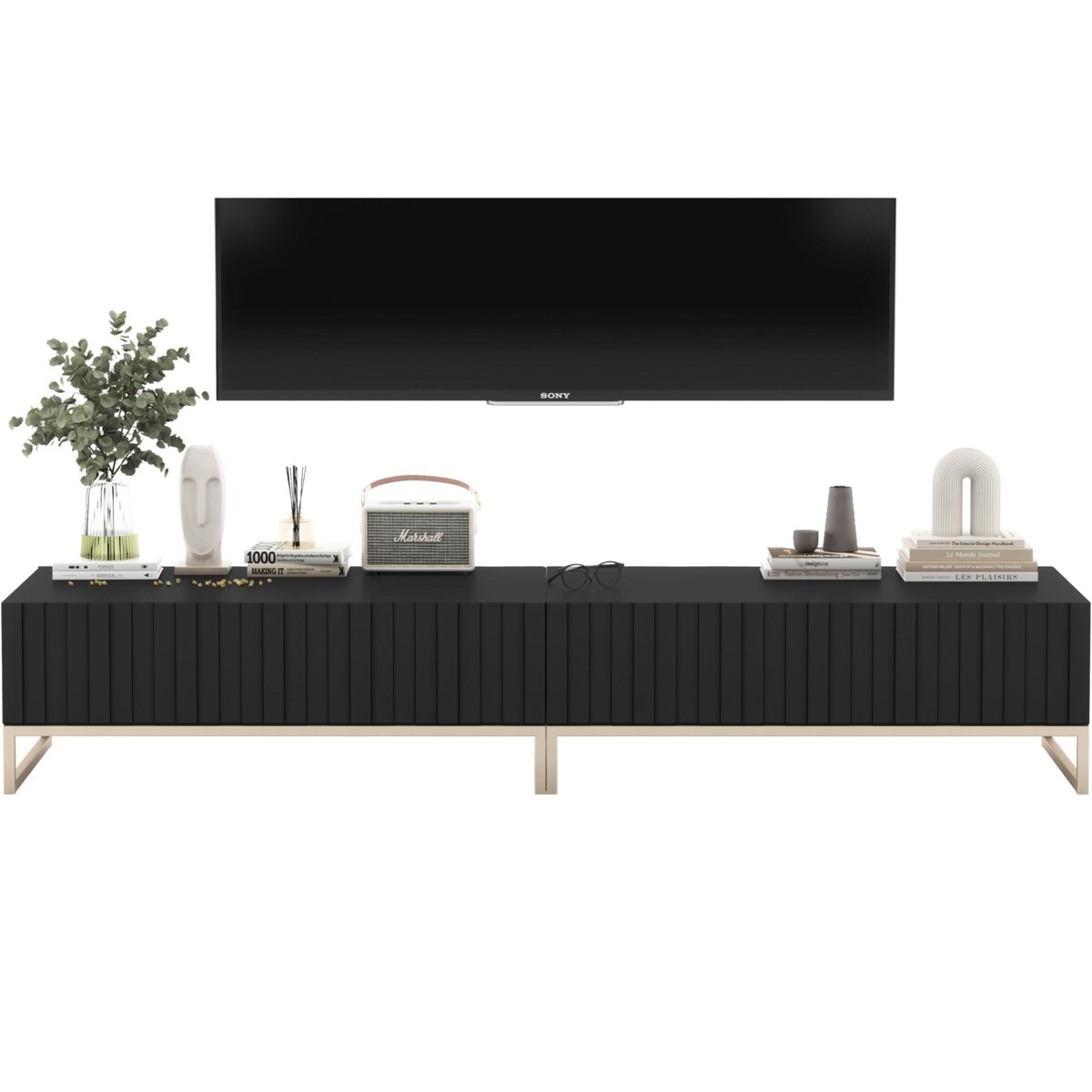 Nowoczesna Szafka RTV Glamour Komoda RTV Ryflowane fronty Czarny Mat 220 cm