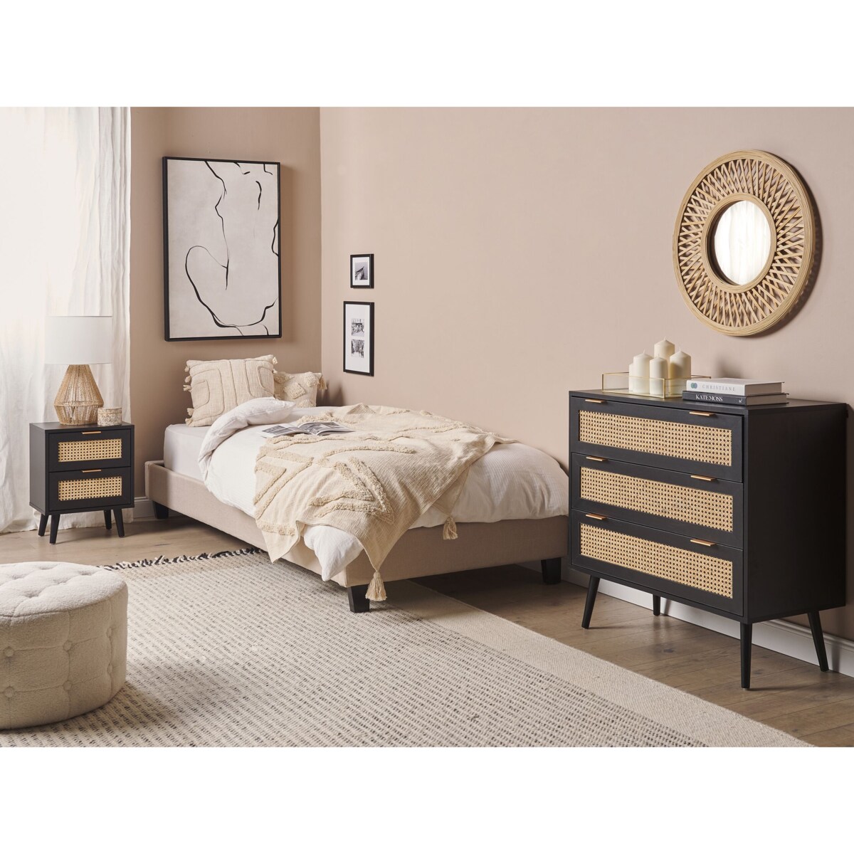 Szafka nocna 2 szuflady fronty rattanowe czarna OPOCO