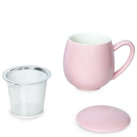 Kubek z zaparzaczem i pokrywką różowy matowy - zestaw do przygotowania herbaty, perfekcyjny podarunek prezent dla mamy, taty, babci, dziadka