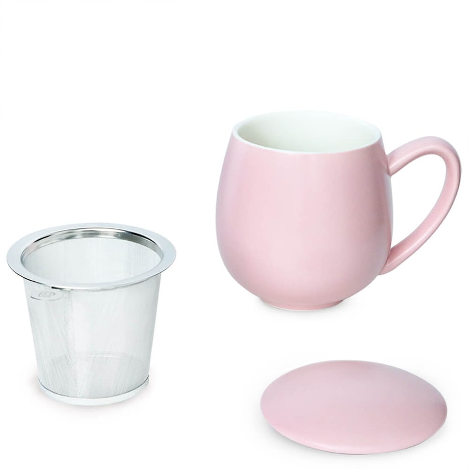 Kubek z zaparzaczem i pokrywką różowy matowy - zestaw do przygotowania herbaty, perfekcyjny podarunek prezent dla mamy, taty, babci, dziadka