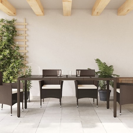 vidaXL Stół ogrodowy ze szklanym blatem, brąz, 190x90x75cm, polirattan