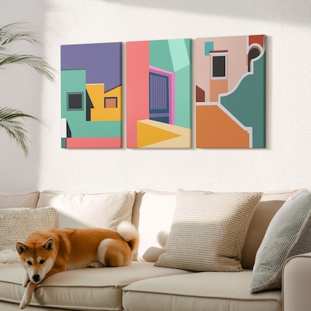 Zestaw 3 dużych obrazów na płótnie - Kolorowe ilustracje miasta - wielokolorowy