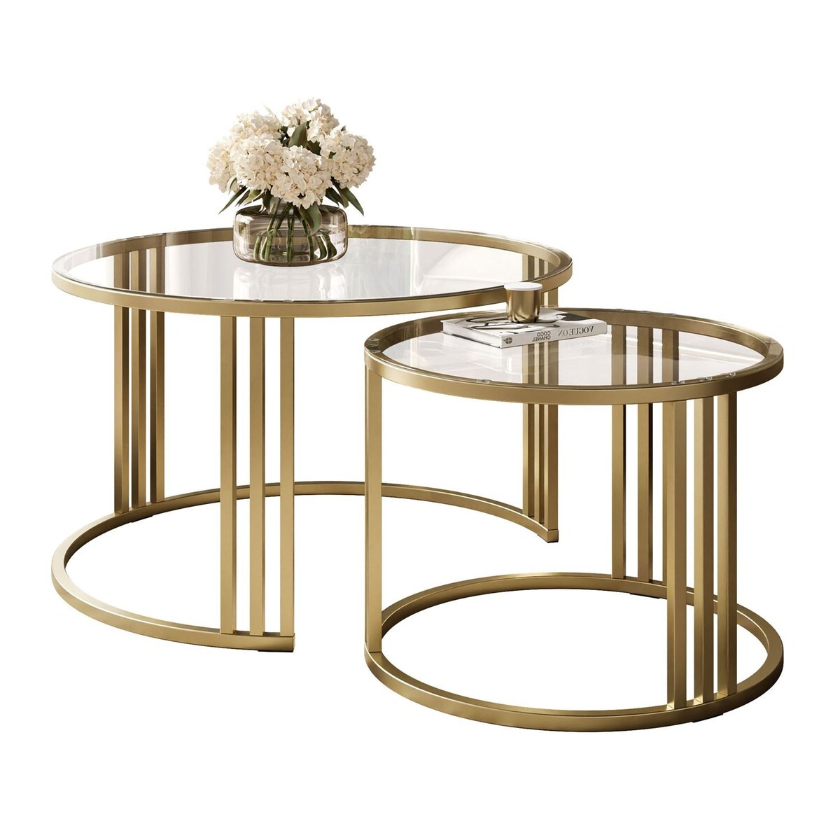 Okrągły stolik kawowy 2w1 LORI GLASS złoto szczotkowane, blat przezroczyste szkło