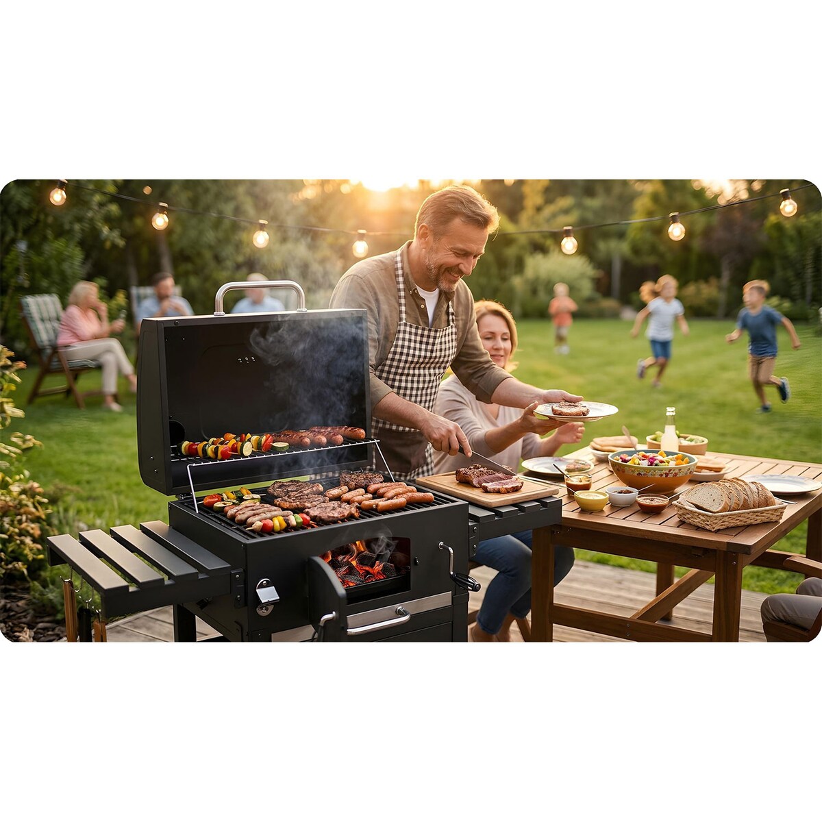 Grill węglowy ogrodowy Berdsen BD-893 komin żeliwny ruszt z pokrywą popielnik + termometr