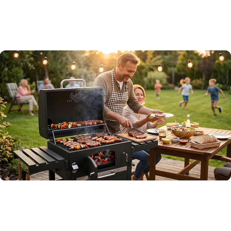 Grill węglowy ogrodowy Berdsen BD-893 komin żeliwny ruszt z pokrywą popielnik + termometr