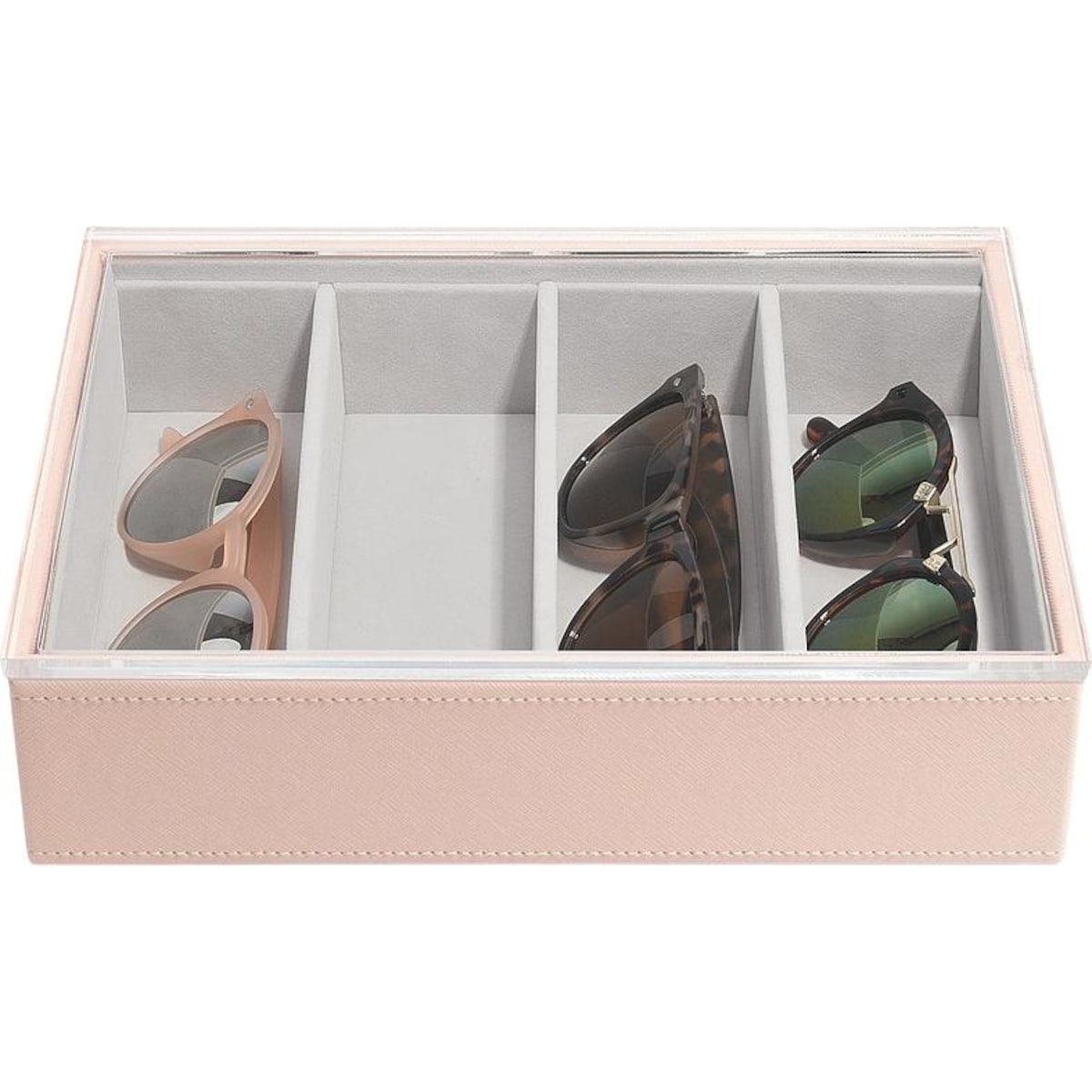 Pudełko na okulary Stackers Classic 4 komorowe różowe z akrylową pokrywką