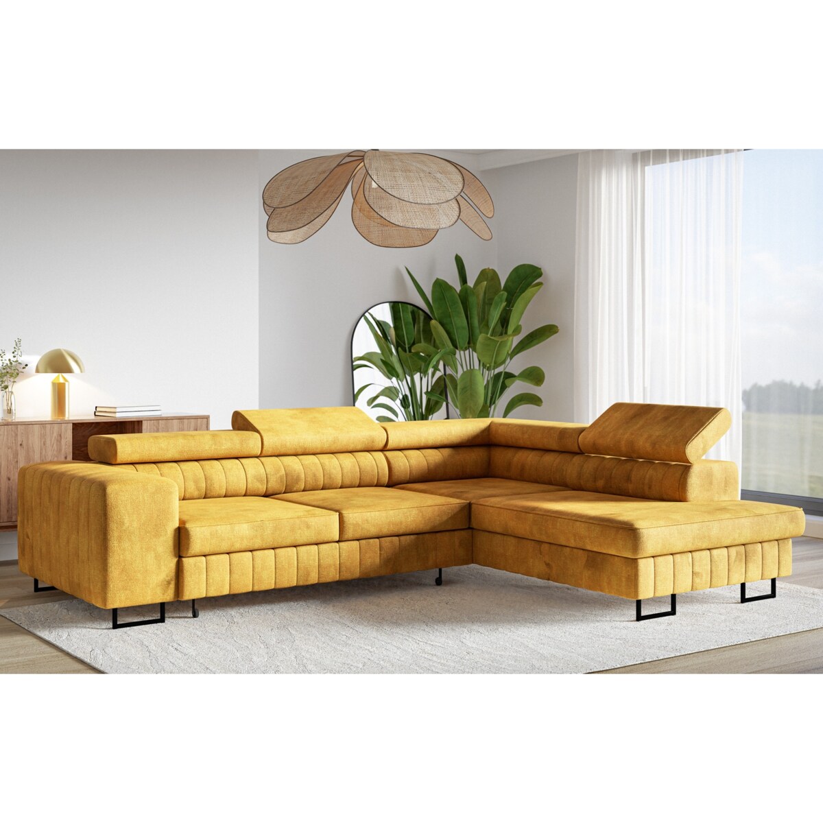 Narożnik NOLA do salonu, regulowane zagłówki-prawostronny-Terra musztardowa