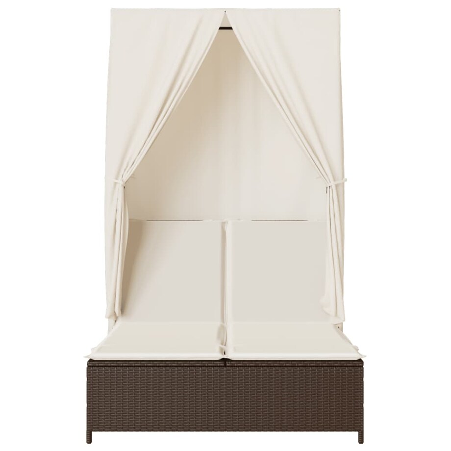 vidaXL Podwójna leżanka z daszkiem i zasłonami, brązowy polirattan