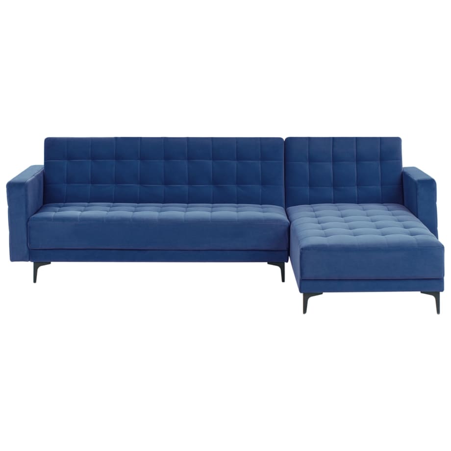 Sofa rozkładana lewostronna welurowa z otomaną niebieska ABERDEEN