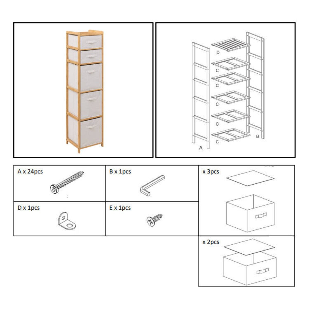 Wysoki regał bambusowy TIDY z 5 materiałowymi koszami, wys. 144,3 cm