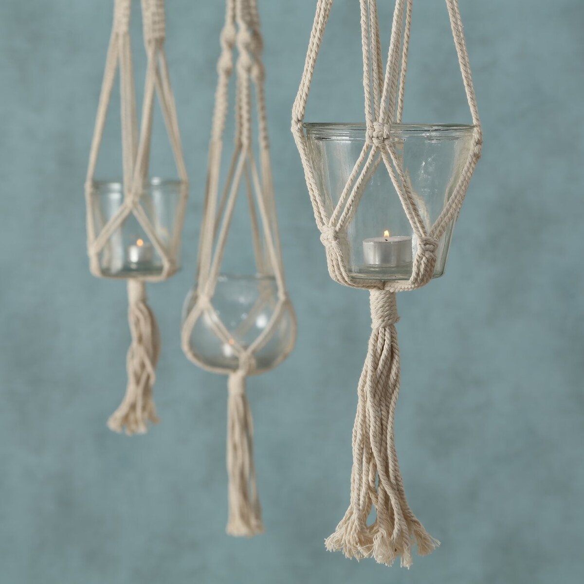 Szklana doniczka na kwiaty, dekoracja z makramy MAKRAMEE, 83 cm