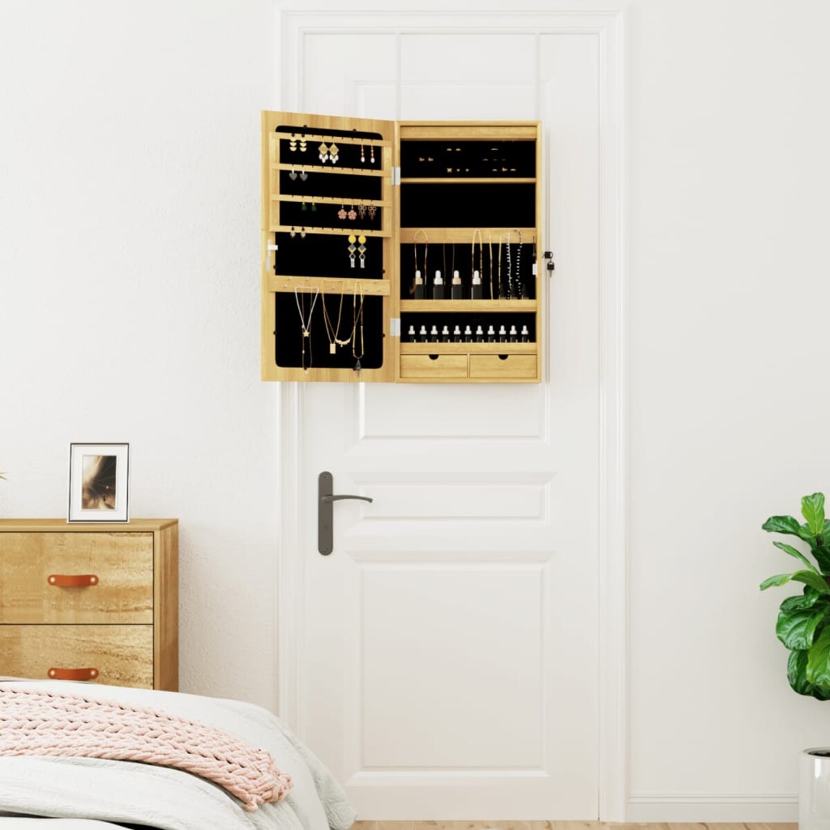vidaXL Szafka ścienna na biżuterię, z lustrem i oświetleniem LED